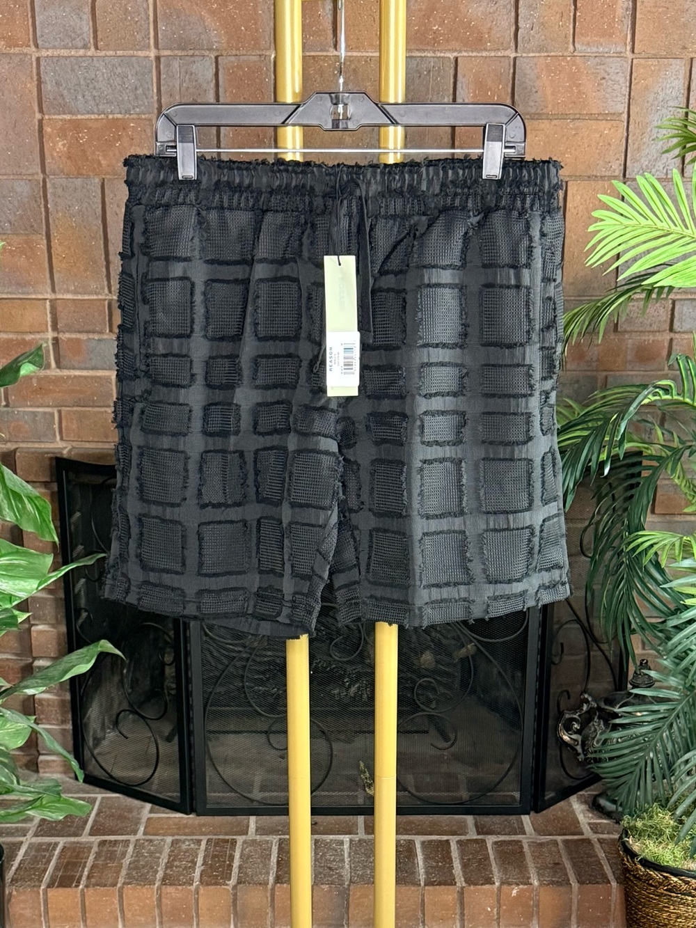 Reason Textured Patchwork Frayed Drawstring Shorts Black Men’s M NWT
